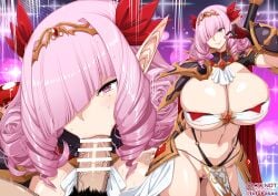 1boy :>= absurdres areola_slip arm_behind_back arm_shield arm_up armor artist_name ascot bandeau black_gloves breasts brooch bubble_background cape cleavage closed_mouth clothing_aside commentary_request commission diagonal_bangs drill_hair english_commentary erection fellatio female gem gloves gold_tiara hair_ornament highres hip_armor huge_breasts indie_virtual_youtuber jewelry knight kurameki_kyou linea_alba long_hair long_pointy_ears looking_at_viewer mature_female mole mole_under_eye mole_under_mouth motion_lines multicolored_gloves multiple_views navel no_panties oral pelvic_curtain pelvic_curtain_aside pink_eyes pink_hair pointy_ears pov pov_crotch red_cape red_gem red_gloves ringlets saliva second-party_source shield shoulder_armor shrug_(clothing) smile sparkle_background sweat thighs_together totukasan two-tone_gloves virtual_youtuber white_ascot wide_hips