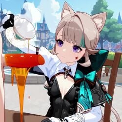 1boy 1girls ai_generated animated civitai genshin_impact hoyoverse lynette_(genshin_impact) mihoyo not_my_art outdoors penis penis_awe pouring_liquid public public_indecency tagme tea_cup torture video