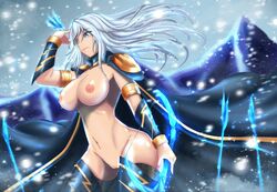 arrow ashe_(league_of_legends) big_breasts blue_eyes bow league_of_legends nude snow_storm white_hair