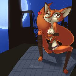 2017 anthro breasts canid canine clothing female fluffy fluffy_tail fox fur furnut gloves heart hi_res mammal moon moonlight nipples one_eye_closed orange_fur orange_tail panties panty_pull pussy slim solo_focus spark_a_space_tail_(film) tongue tongue_out underwear vix_(spark) vixen wink