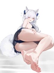 ass_focus astraline bare_ass bare_legs bare_shoulders bare_thighs barefoot blue_bow blush blushing_at_viewer blushing_female bow_ribbon butt_focus closed_eyes embarrassed embarrassed_expression embarrassed_female embarrassed_smile exposed_ass exposed_shoulders feet feet_focus flushed flushed_face hair_ornament hair_ribbon hand_on_thigh heart_symbol hearts_around_head holding_own_leg holding_thigh iroha127521 large_ass lingerie lingerie_only looking_at_viewer looking_back looking_over_eyewear lumi_(merryweather) lying lying_down shadow simple_background smile smile_at_viewer smiling smiling_at_viewer thigh_squish thong virtual_youtuber vtuber vtuberfanart white_background white_fur white_hair wolf_ears wolf_girl wolf_humanoid wolf_tail