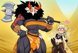 1boy 1girls aether_(genshin_impact) ai_generated axe big_ass big_breasts big_penis big_thighs bigger_female clothed clothed_female clothed_male curvaceous curvaceous_female curvaceous_figure curvy curvy_body curvy_female curvy_figure curvy_hips dark-skinned_female dominant_female embarrassed embarrassed_male evya_171 female full_body genshin_impact gigantic_breasts hilichurls_(species) horns hoyoverse huge_nipples larger_female male mask mitachurl monster_girl outdoors pheromones size_difference smaller_male thick_legs thick_thighs thighhighs thighs tribal tribal_clothing tribal_corruption tribal_markings tribal_paint tribal_tattoo tribal_tattoos voluptuous voluptuous_body voluptuous_female