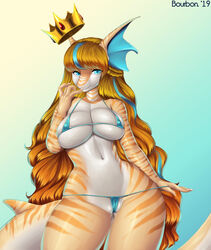 2019 anthro big_breasts bikini blonde_hair blue_eyes blue_hair bourbon._(artist) breasts cleavage clothed clothing crown female female_only fish hair looking_at_viewer marine multicolored_hair navel nipple_bulge orange_hair pussy_floss sasha_sweets shark signature simple_background smile standing swimsuit