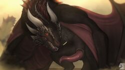 animal_genitalia black_body black_scales bodily_fluids crouching digital_media_(artwork) dragon drogon erection european_mythology feral game_of_thrones gay gay_male genital_fluids genitals hi_res homosexual homosexual_male horn looking_at_viewer male male/male male_only male_penetrating membrane_(anatomy) membranous_wings mythological_creature mythological_scalie mythology open_mouth penis precum pupils scales scalie slit_pupils solo tail tapering_penis teeth tongue western_dragon wings wyvern zyria