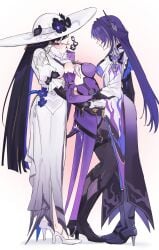 3girls absurdres acheron_(honkai:_star_rail) armor bangle black_hair black_swan_(honkai:_star_rail) boots bracelet breasts colored_inner_hair demon_horns detached_sleeves dress elisbian english_commentary female_ejaculation flame_print flower from_side full_body girl_sandwich gloves gold_trim hair_ornament hat heart high_heel_boots high_heels highres honkai:_star_rail honkai_(series) horns jewelry large_breasts long_hair moaning multicolored_hair multiple_girls pantyhose purple_hair sandwiched shoulder_armor spoken_heart squirting streaked_hair sun_hat tail tailcoat the_dahlia_(honkai:_star_rail) veil very_long_hair yuri