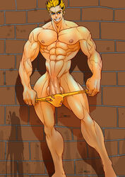 1boy abs inmomakuro looking_at_viewer male_only muscles nipples penis standing testicles underwear yellow_hair