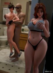 1boy 2girls 3d big_penis blizzard_entertainment brown_hair cuckquean emily_(overwatch) female huge_cock lesbian_with_male male medium_breasts netorare ntr nude nude_female overwatch short_hair standing standing_sex stomach_bulge thick_penis tracer vaginal_penetration wide_hips zekko_art