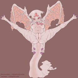 3_toes alien ambiguous_species anthro blush breasts digigratis eyelashes female looking_at_viewer monster_girl_(genre) navel nipples nude pale_skin plump_labia pussy simple_background smile solo spread_legs spreading toes tongue tongue_out vein white_skin wings