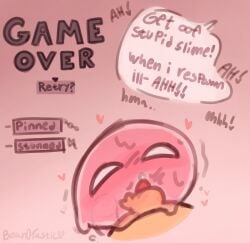anal anal_sex animal_genitalia anthro bean0tastic beanie_(bean0tastic) blush blush_lines bovid caprine duo english_text game_over gameplay_mechanics genitals goo_creature hi_res male mammal moan penetration penis sheath sheep slime slime_(blob) slime_penetrated small_penis speech_bubble status_effect tagme text throbbing throbbing_penis