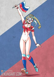 1girls blonde blonde_hair blonde_pubic_hair blue_eyes bottomless breasts cleavage eastern_european european female female_only fifa flag football football_uniform headband human human_only light-skinned_female light_skin national_personification pubic_hair pussy revealing_clothes russia russian russian_flag skinny slavic soccer solo solo_female tekuho uniform world_cup