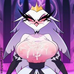 ai_generated angry_expression anthro anthropomorphic aroused_expression avian beak big_breasts bird black_beak black_gloves black_horns blush breasts crown cum cum_drip cum_on_body cum_on_breasts cum_splatter demon dress dripping_cum feathers feathers_ruffled female front_view glistening gloves goetia golden_crown gritted_teeth groping_own_breasts half_closed_eyes helluva_boss holding_breasts horns huge_breasts lifting_breasts long_gloves looking_down low-cut_dress messy narrowed_eyes owl pink_eyes presenting_breasts reallambfan semen shiny_skin solo sperm stella_(helluva_boss) sweat sweatdrop tears thick_cum upper_body wet white_cum white_feathers