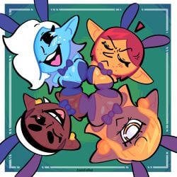 4girls :< annoyed annoyed_expression apples_(atastic) atastic beatriz_(atastic) big_breasts bowtie breasts bunny_costume bunnysuit cartoony cyclops cyclops_girl dark-skinned_female dark_skin different_breast_sizes eline_(atastic) ghost ghost_girl goblin goblin_female multiple_girls nova_(atastic) pebbles_quest playboy_bunny pointy_ears princess red_hair smiling smiling_at_viewer white_hair