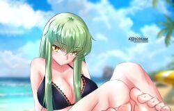 1girls aishcream big_breasts bikini bikini_only bikini_top black_bikini black_bikini_top black_swimsuit black_swimwear blue_sky busty busty_female busty_girl c.c. clouds code_geass day daylight daytime eyebrows_visible_through_hair feet female female_only green-haired_female green_hair halterneck head_tilt knees large_boobs large_breasts outdoor outdoor_nudity outdoors outside sidelocks sketch sky string_bikini swimsuit swimwear tilted_head toes yellow-eyed_female yellow_eyes