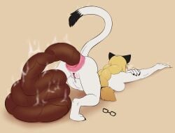 2026 anthro anus ass biggnastey black_ears black_tail_tip blonde_hair blush breasts dipstick_tail domestic_cat excessive_feces eyewear feces felid feline felis female fur genitals glasses hair hi_res hyper hyper_feces hyper_scat lying mammal markings nude on_front pooping_on_floor scat scatplay simple_background solo tail tail_markings tan_background vulva white_body white_fur white_tail