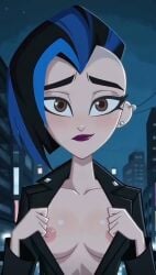 1girls ai_generated animated breasts cartoon_network dc_comics dc_super_hero_girls jacket leslie_willis livewire livewire_(my_adventures_with_superman) monsterlove75 nipples no_sound punk_girl solo_female tagme teeth video