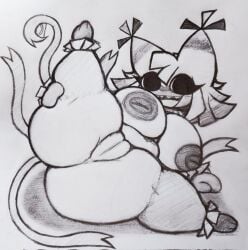 1girls areolae boobs breasts dandy's_world female greyscale legs_up nipples nude nude_female pencil_(artwork) pinata pussy rand0m_293 ribbon ribbons sharp_teeth shortstack thick_thighs thighs traditional_media_(artwork) yatta_(dandy's_world)