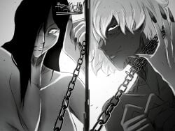 big_breasts bite_mark black_hair briku_stevenson brikuchan chains crazy_eyes crazy_smile dark-skinned_male dominant_female ghost_girl long_hair monster_girl oc onryo painted_nails sadako_stevenson sadomasochism slave stevenson_sadako white_body white_hair