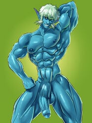 1boy abs blue_skin foreskin inmomakuro looking_at_viewer male_only muscles nipples original_character penis standing testicles uncensored uncut