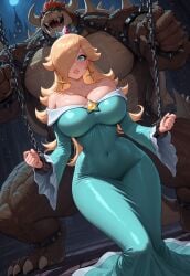 1boy 1girls ai_generated anthro blonde_hair blue_dress blue_eyes bondage bowser bustybunz chained chained_up chains cleavage clothing dress duo earrings female furry furry_male horns huge_breasts human human_female imminent_rape imminent_sex larger_male light-skinned_female light_skin long_hair male male/female mammal mario_(series) monster nintendo open_mouth princess princess_rosalina royalty running scared size_difference smaller_female tagme tail tight_clothing