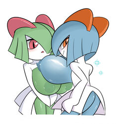 2girls alternate_color areolae ass big_breasts blue_hair blue_skin breasts clothing dress duo egnahcio female female_only green_hair green_skin hair hair_over_one_eye huge_breasts humanoid inverted_nipples kirlia light_skin nintendo nipples orange_eyes pale_skin pink_eyes pokémon_(species) pokemon pokemon_(species) pokemon_rse shiny_pokemon short_hair skirt slit_pupils underboob video_games white_background white_skin