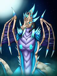 3_eyes anthro blue_eyes blue_nipples breasts dragon female horn mrundead multi_eye navel nipples sharp_teeth sky solo star teeth wings