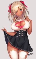 1girls artist_name bangs black_skirt blonde_hair blush breasts cleavage cleavage_cutout clothes cute dark-skinned_female dark_elf dark_skin elf eyebrows_visible_through_hair hair_ribbon large_breasts lifted_by_self lingerie long_hair looking_at_viewer mataro_(matarou) meme_attire nail_polish open-chest_sweater original parted_lips pointy_ears purple_eyes red_ribbon ribbon ribbons simple_background skirt skirt_lift sleeveless sleeveless_sweater smile solo standing straps sweater teasing thick_thighs thighhighs turtleneck two_side_up white_legwear white_nails