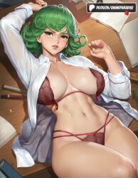1girls 2025 ai_assisted ai_generated alternate_breast_size anime artist_name book bra breasts curly_hair green_eyes green_hair hi_res high_quality high_resolution highleg_panties highres large_breasts looking_at_viewer lying navel on_back open_book open_bra open_clothes open_shirt panties patreon patreon_logo patreon_username red_bra red_panties shirt short_hair solo stable_diffusion tatsumaki underwear watermark white_shirt