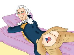 1boy anus ass bed blue_eyes blush colonialfox george_washington history human human_only looking_at_viewer male male_focus male_only pants_down president solo_male tattoo testicles uniform