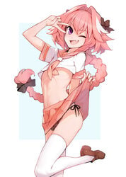 1boy astolfo_(fate) ataruman bulge clothed fate/apocrypha fate/stay_night fate_(series) femboy girly male male_only one_eye_closed open_mouth pantsu penis penis_bulge seifuku simple_background solo thighhighs trap