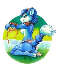 anthro ass bottomwear breasts clothing female hi_res krystal krystal_(star_fox) lisica_c loincloth nintendo nude_anthro outdoor_background outdoor_nudity solo star_fox traditional_media_(artwork)