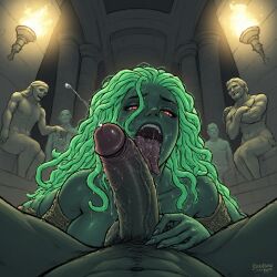 1boy 1girls ai_generated blowjob breasts fellatio female futasarepeak_(artist) greek_mythology green_hair male male_pov medusa oral outercourse penis pov self_upload sex snake_hair straight yellow_eyes