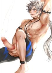 1boy abs artist_request cum erection kings_raid male_only muscles nipples penis penis_grab testicle_grab testicles white_hair