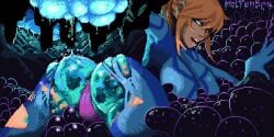 1girls alien ass ass_crack ass_focus bent_over big_ass big_breasts blonde_hair blue_eyes bodysuit crawling female female_focus female_only g-string green_skin interspecies laying_on_stomach looking_back moltenseal_(artist) monster monster_on_female nintendo open_mouth orgasm panties pink_panties pixel_art plants pleasure_face ripped_bodysuit ripped_clothing samus_aran skin_tight skinny slime slime_(substance) slime_girl thong toned transformation translucent white_skin zero_suit_samus