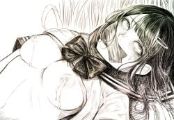 1other arms_at_sides blunt_bangs blush bow bow_bra bowtie bra bra_lift breasts clothes_lift commentary_request contrast_collar corpse covered_mouth crosshatching crying crying_with_eyes_open cum cum_on_body cum_on_breasts death disorder! female female_death fingernails gag grass greyscale hair_ornament hair_spread_out hairclip hatching_(texture) improvised_gag lactation looking_up medium_breasts medium_hair monochrome necrophilia nipples on_grass original outdoors pov pov_hands raised_inner_eyebrows rolling_eyes school_uniform shirt_lift short_sleeves sidelocks simple_background solo solo_focus swept_bangs tall_grass tape tape_gag tears underwear upper_body white_background