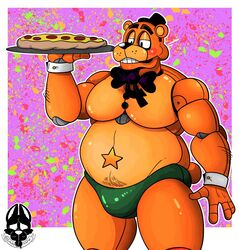 1boy 2021 abstract_background animatronic anthro arm_hair barazoku biceps big_bow_tie big_pecs black_eyes black_nose body_hair border bow_tie bulge clothed clothing dogmanart five_nights_at_freddy's food freddy_fazbear's_pizzeria_simulator green_background hair half-closed_eyes hat headgear headwear hi_res holding_food holding_object machine male male_only mammal manly mostly_nude multicolored_body musclegut muscular narrowed_eyes navel orange_background orange_body pecs pepperoni pepperoni_pizza pizza presenting_bulge purple_background raised_arm red_background robot rockstar_freddy rosy_cheeks round_ears scut_tail short_tail simple_background solo speedo standing star stomach_hair swimwear teeth thick_thighs top_hat topless topless_male tray triceps two_tone_body ursid video_games white_border