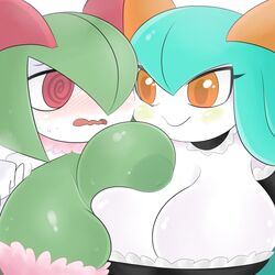 2girls alternate_color areolae big_breasts blue_hair blush breasts choker cleavage clothing dress duo egnahcio female female_only green_hair green_skin hair hair_over_eye huge_breasts humanoid inverted_nipples kirlia maid_uniform nintendo nipples orange_eyes pink_eyes pokémon_(species) pokemon pokemon_(species) pokemon_rse shiny_pokemon short_hair spiral_eyes sweat video_games wavy_mouth white_skin