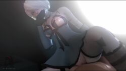 1boy 1girls after_sex alternate_costume blush clothed_sex covering_mouth cowgirl_position cum cum_dripping_out_of_pussy cum_in_pussy cum_inside cumdrip dnnsfw exposed_breasts gloves lingerie nier nier:_automata nier_(series) nipples pale_skin pale_skinned_female post_orgasm_torture ribbon semen sex source_filmmaker straight tagme thighhighs video white_hair yorha_2b