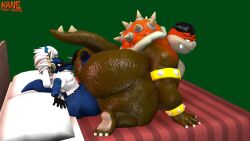 anthro bed blue_body brown_body cuffs duo english_description frost_lucario_(frost) green_background hot_dogging kane_brent_koopa kane_brent_koopa_(character) lucario male male_only mario_(series) orange_hair orange_shell penis pokemon pokemon_(species) red_blanket shell simple_background spiked_shell spiked_tail spikes_(anatomy) tagme