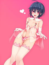 1boy :d ahoge androgynous babydoll bangs bare_shoulders black_hair blush bow bow_panties commentary_request detached_collar dutch_angle ear_piercing elbow_gloves erection eyebrows_visible_through_hair eyeliner from_below gloves hair_between_eyes heart highres knees_together_feet_apart lingerie looking_at_viewer makeup male_focus navel nipple_piercing nipples okuri_banto open_mouth original panties penis piercing pink_background pink_panties red_bow red_eyes see-through shiny shiny_hair shiny_skin side-tie_panties simple_background smile solo standing thighhighs trap underwear white_gloves