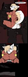 2026 absurd_res adam_manchester anthro anthro_on_anthro anthro_penetrated anthro_penetrating anthro_penetrating_anthro ass balls big_breasts big_penis black_body black_fur black_hair black_penis bodysuit breasts butcher_pal butt_cutout canid canine canis chair clothing colored comic crotch_cutout crotchless_clothing cutout detailed_background dialogue digital_drawing_(artwork) digital_media_(artwork) duo english_text eye_through_hair eyebrow_through_hair eyebrows fainting female female_anthro female_penetrated first_person_view from_front_position fur furniture genitals hair hi_res humanoid_genitalia humanoid_penis hybrid looking_pleasured male male/female male_anthro male_penetrating male_penetrating_female mammal mastery_position moan muscular muscular_male orange_eyes penetration penile penile_penetration penis penis_in_vagina pink_vulva procyonid profanity pubic_tattoo raccoon red_eyes sex sitting skinsuit speech_bubble tail tan_body tan_fur tan_hair tattoo teeth text throne tight_clothing tongue tongue_out translucent translucent_hair vaginal_penetration vulva white_body white_fur wolf