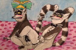 2015 anal anal_sex anthro anthro_on_anthro balls black_bow_tie black_penis bodily_fluids bow_tie crown crown_only cuffs_(clothing) dreamworks duo erection evil_grin from_behind_position fur genitals grey_body grey_fur hand_on_butt headgear headgear_only humanoid_genitalia humanoid_penis king_julien lemur looking_at_another looking_at_partner looking_pleasured madagascar_(series) male male/male male_anthro male_penetrated male_penetrating male_penetrating_male mammal markings on_lap open_mouth orange_eyes penetration penile penile_penetration penis primate puku83 raised_tail ring-tailed_lemur selfcest sex shaking sitting sitting_on_lap smile square_crossover strepsirrhine striped_markings striped_tail stripes sweat tail tail_markings tail_pull teeth traditional_media_(artwork) whiskers yellow_sclera
