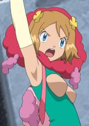 1girls arm_up armpit blonde_hair blue_eyes breasts breasts_out canon cosplay edit female female_only florges_(cosplay) flower human human_only nintendo no_nipples outfit pokemon pokemon_(cosplay) pokemon_xy pose serena_(pokemon) shirt source_request