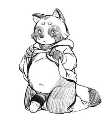 2019 anthro balls belly blush canid canine clothing harusuke hoodie humanoid_hands male male_only mammal navel penis raccoon_dog simple_background slightly_chubby solo tanuki white_background