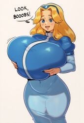ai_generated breasts dialogue happy huge_boobs hyper hyper_breasts maria_robotnik sega skirt sonic_(series) sonic_the_hedgehog_(series) talking_to_viewer text