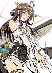 1boy 1girls admiral_(kantai_collection) clothed female human kantai_collection kobayashi_chisato kongou_(kantai_collection) male sex straight text thighhighs watermark