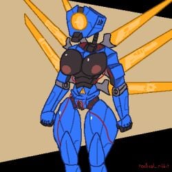 android blood blue_body breasts caution_tape female female_only looking_at_viewer radical_ribbit_(artist) robot robot_girl thick_thighs ultrakill v1_(ultrakill)