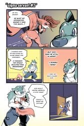 2025 2:3 anthro ass backsack balls blue_eyes blush bodily_fluids bottomless brown_body brown_fur canid canine canis carrying_another claws closed_eyes clothed clothing colored comic cuffs_(clothing) cum cum_in_ass cum_inside cum_on_butt cum_on_ground dialogue digital_drawing_(artwork) digital_media_(artwork) domestic_dog door dressing duo english_text eurasian_red_squirrel fur genital_fluids genitals grey_body grey_fur hi_res kiaun male male/male mammal open_door rodent sciurid shaded signature size_difference sleeping speech_bubble squirrel text toe_claws tree_squirrel url white_body white_fur