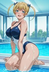 1girls ai_generated arm_support bangs bible_black bible_black_only blonde_hair blue_eyes blue_swimsuit breasts breasts_out competition_swimsuit covered_nipples curvaceous curvy curvy_figure erect_nipples erect_nipples_under_clothes faithful_to_the_anime feet female female_focus female_only from_above hair_ribbon highleg_swimsuit indoors light_brown_hair lips long_hair looking_at_viewer mikimoto nipples one-piece_swimsuit pinup pool poolside raised_leg school_swimsuit shiny_skin short_hair sitting skindentation smile standing swimming_pool teenage_female teenager twintails two_side_up upper_body wet wet_skin white_skin wide_hips