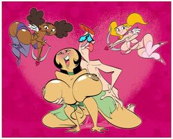 areolae asian big_breasts blush bow_and_arrow breast_grab breast_squeeze breasts cartoon_network cupid dark-skinned_female dark_skin dee_dee_(dexter's_laboratory) dexter dexter's_laboratory doggy_style female from_behind green_clothing heart huge_breasts interracial large_breasts lee_lee light-skinned_female light_skin mee_mee nipples sex slb tongue_out wings yellow-skinned_asian yellow_asian