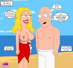 accurate_art_style american_dad avery_bullock beach big_breasts big_penis blonde_hair erection_under_clothes francine_smith gp375 rompguy rompguylove smile topless